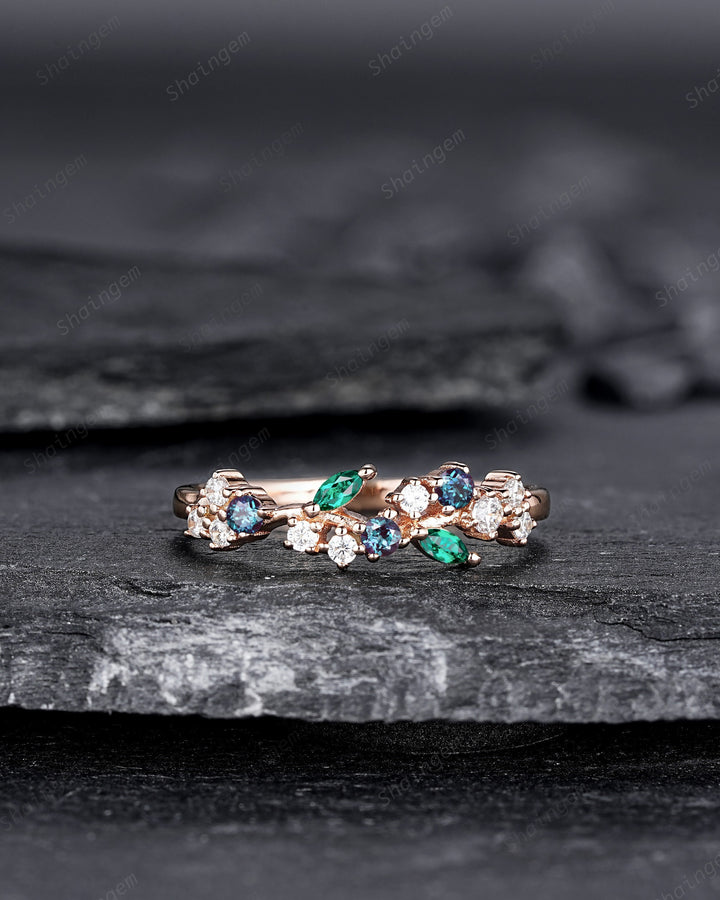 Nature Inspired Emerald and Alexandrite Engagement Ring, Rose gold Matching Band, Half Eternity Wedding Band Promise Ring Enhancer for Women - ShainJewelry