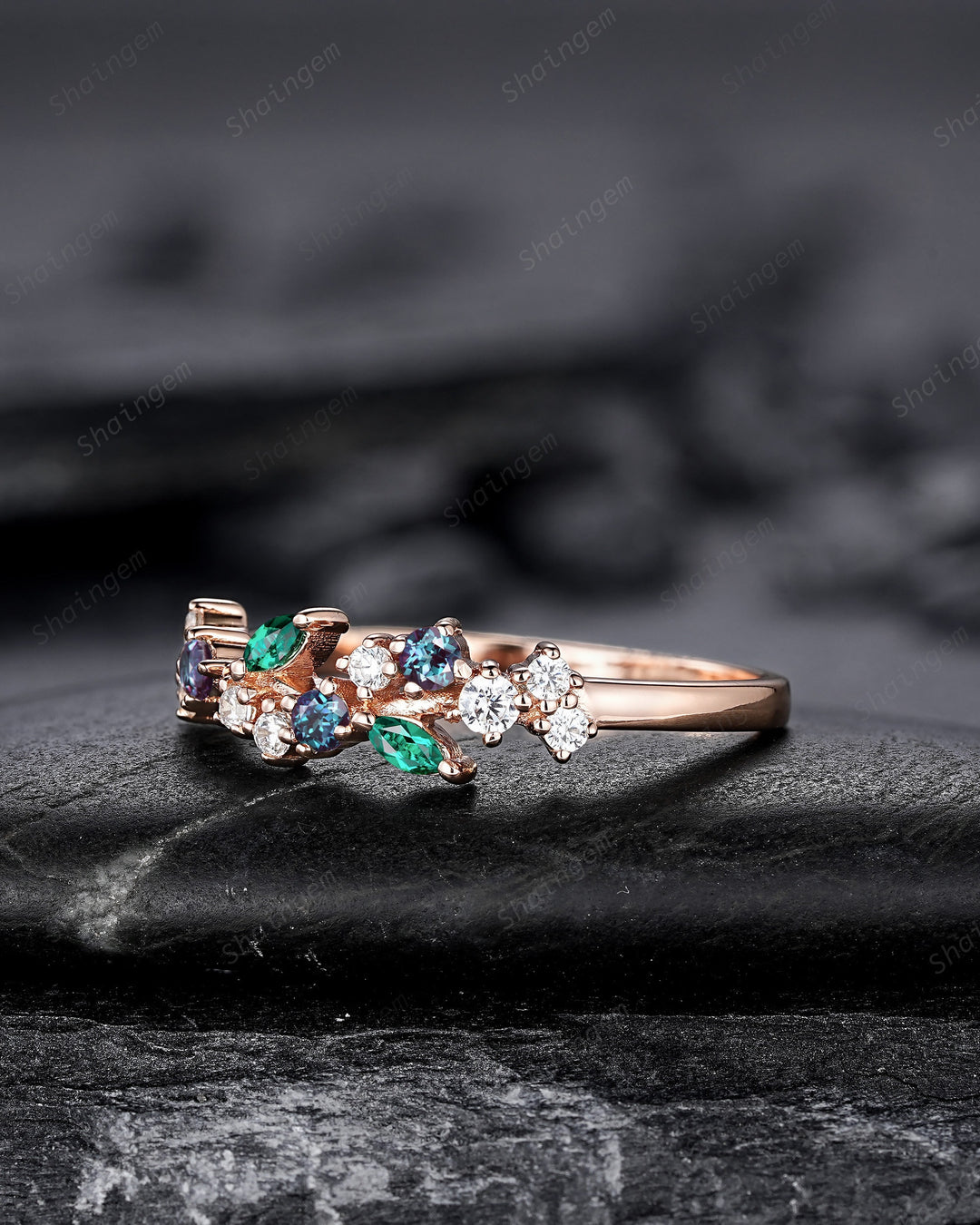 Nature Inspired Emerald and Alexandrite Engagement Ring, Rose gold Matching Band, Half Eternity Wedding Band Promise Ring Enhancer for Women - ShainJewelry