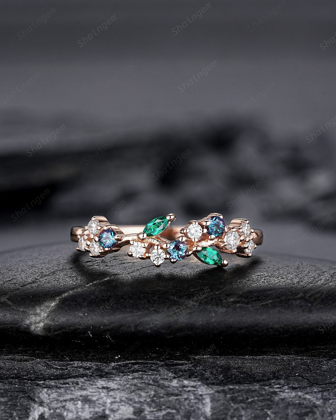 Nature Inspired Emerald and Alexandrite Engagement Ring, Rose gold Matching Band, Half Eternity Wedding Band Promise Ring Enhancer for Women - ShainJewelry