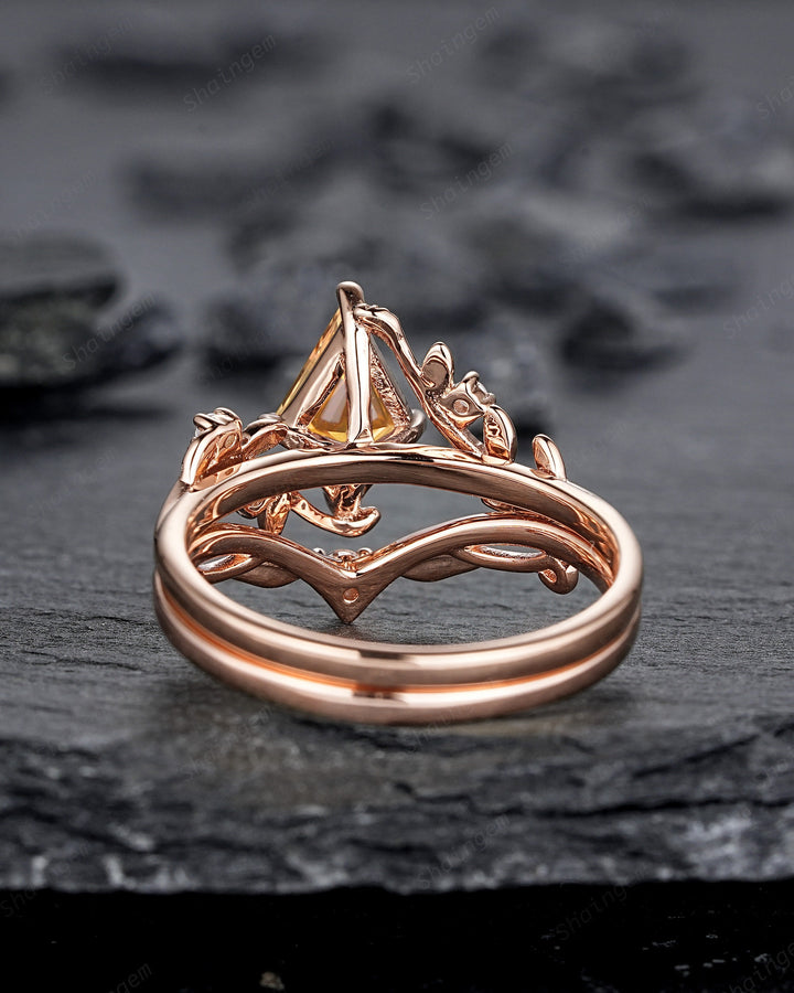 Vintage Kite Cut Natural Citrine Leaf Engagement Ring, Rose Gold Twig Branch Wedding Set Nature Inspired Yellow Stone Promise Ring for Women - ShainJewelry
