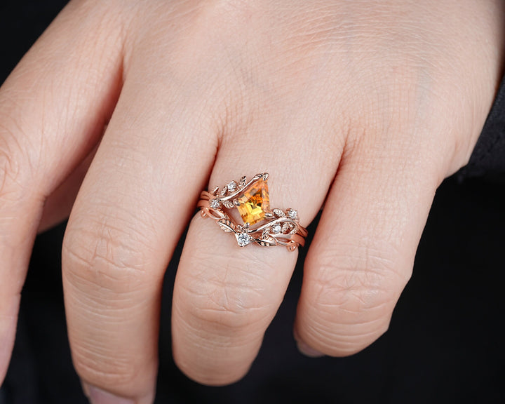 Vintage Kite Cut Natural Citrine Leaf Engagement Ring, Rose Gold Twig Branch Wedding Set Nature Inspired Yellow Stone Promise Ring for Women - ShainJewelry
