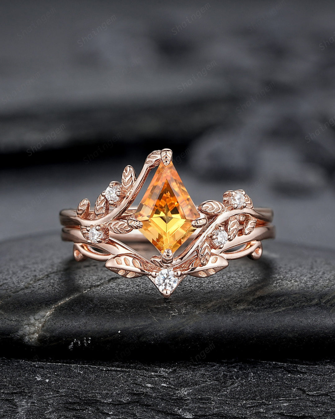 Vintage Kite Cut Natural Citrine Leaf Engagement Ring, Rose Gold Twig Branch Wedding Set Nature Inspired Yellow Stone Promise Ring for Women - ShainJewelry