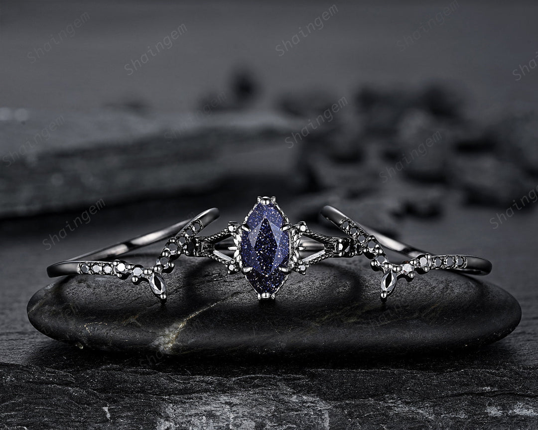 3PCS Black Gold Marquise Cut Blue Sandstone Engagement Ring, Gothic Punk Bridal Set, Black Rhodium Wedding Set, Black Promise Ring for Women - ShainJewelry