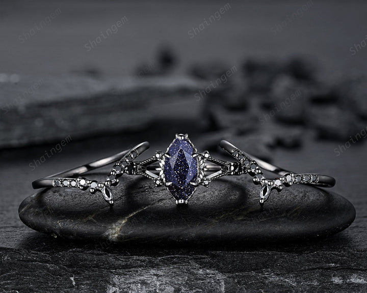 3PCS Black Gold Marquise Cut Blue Sandstone Engagement Ring, Gothic Punk Bridal Set, Black Rhodium Wedding Set, Black Promise Ring for Women - ShainJewelry