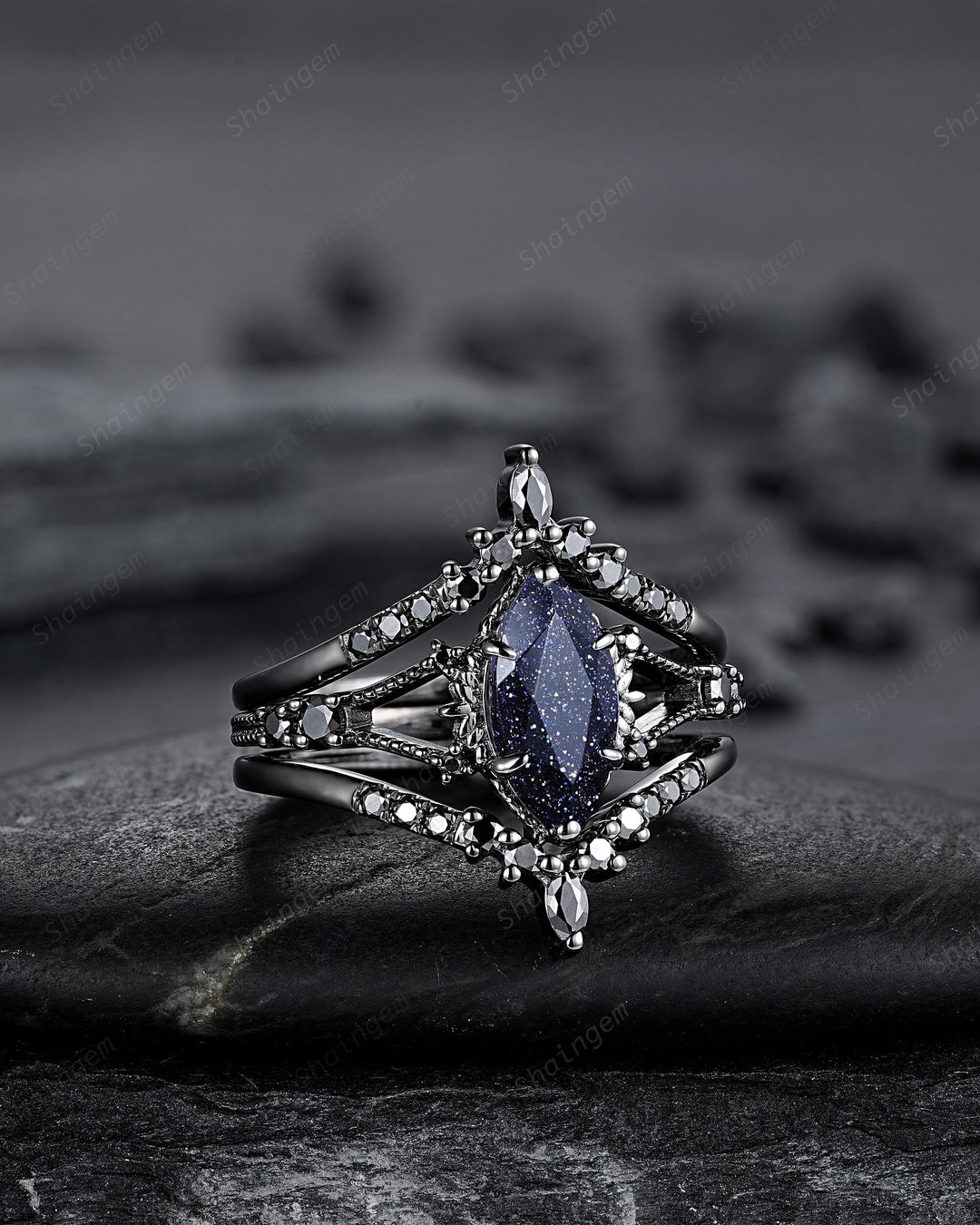 3PCS Black Gold Marquise Cut Blue Sandstone Engagement Ring, Gothic Punk Bridal Set, Black Rhodium Wedding Set, Black Promise Ring for Women - ShainJewelry