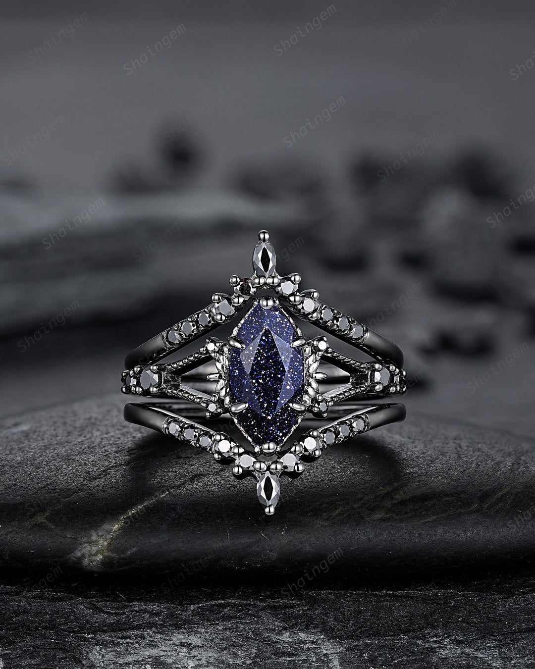 3PCS Black Gold Marquise Cut Blue Sandstone Engagement Ring, Gothic Punk Bridal Set, Black Rhodium Wedding Set, Black Promise Ring for Women - ShainJewelry