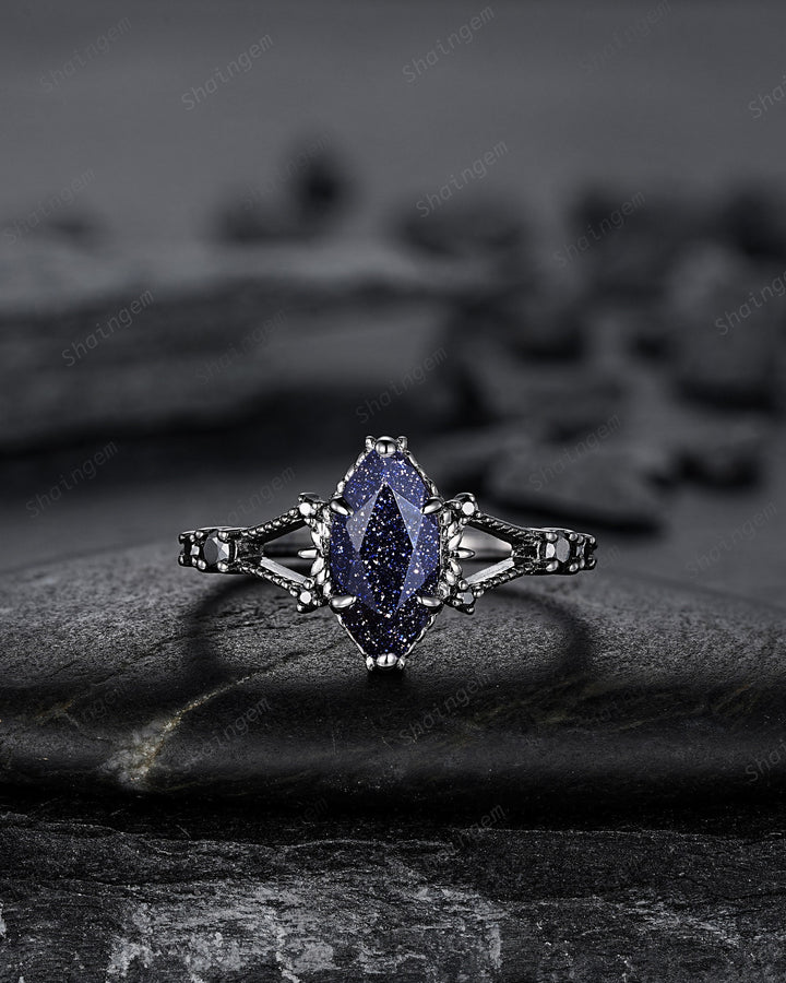 3PCS Black Gold Marquise Cut Blue Sandstone Engagement Ring, Gothic Punk Bridal Set, Black Rhodium Wedding Set, Black Promise Ring for Women - ShainJewelry