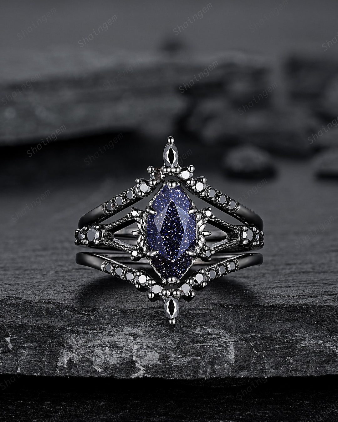 3PCS Black Gold Marquise Cut Blue Sandstone Engagement Ring, Gothic Punk Bridal Set, Black Rhodium Wedding Set, Black Promise Ring for Women - ShainJewelry