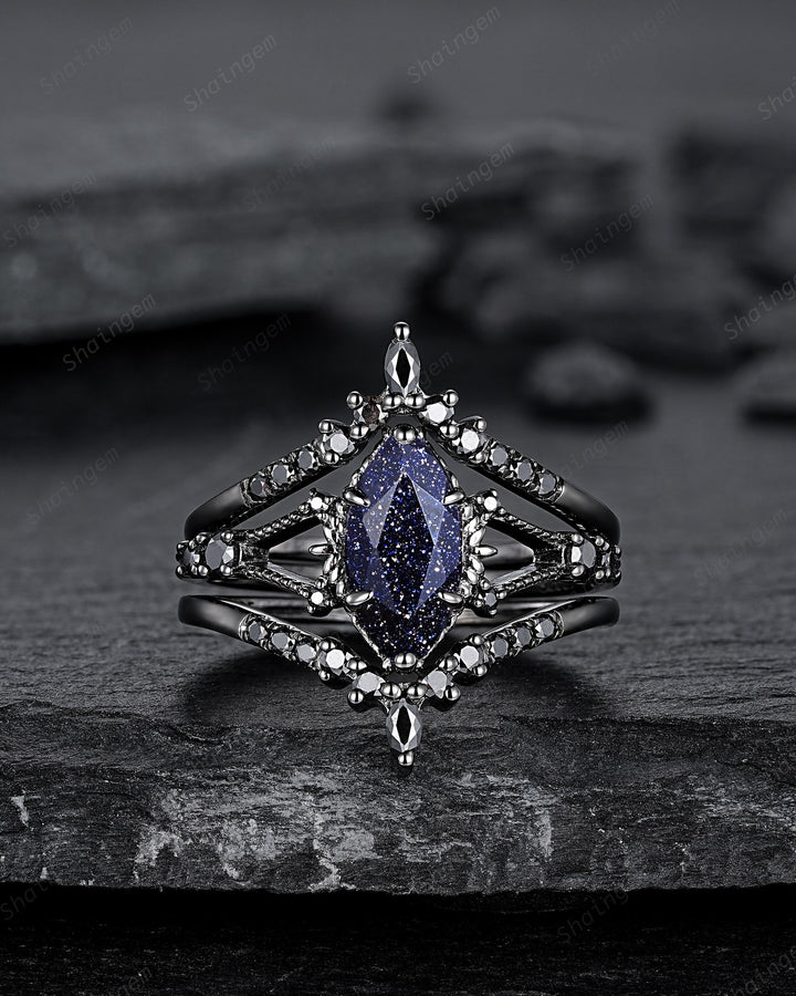 3PCS Black Gold Marquise Cut Blue Sandstone Engagement Ring, Gothic Punk Bridal Set, Black Rhodium Wedding Set, Black Promise Ring for Women - ShainJewelry