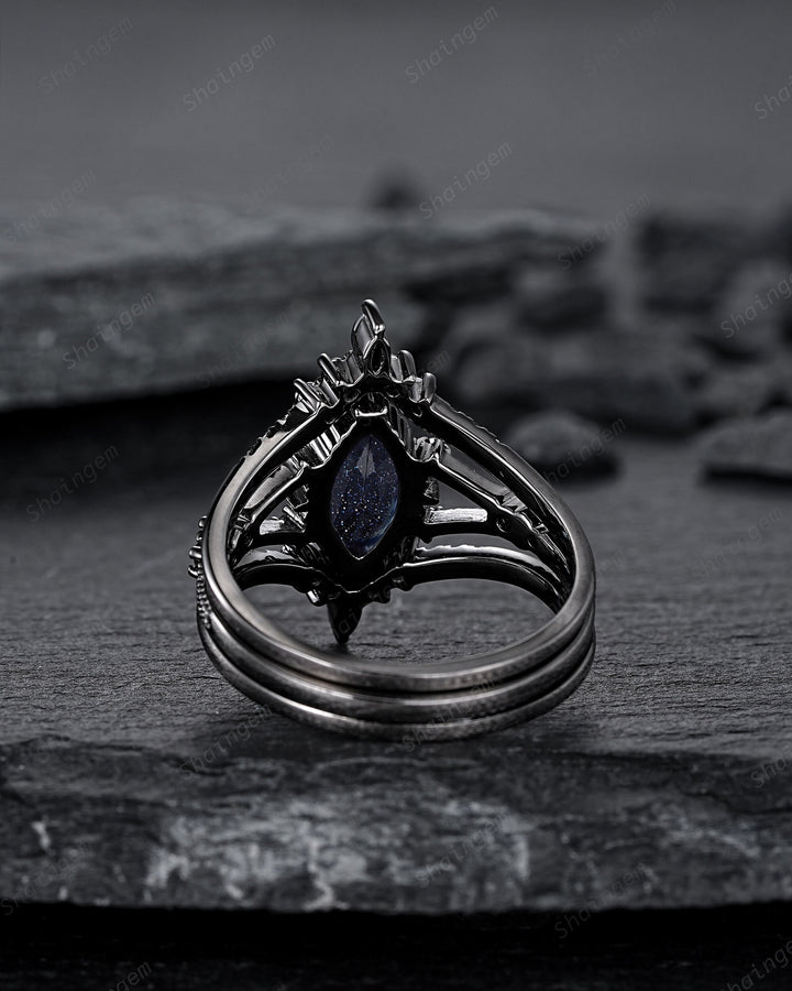 3PCS Black Gold Marquise Cut Blue Sandstone Engagement Ring, Gothic Punk Bridal Set, Black Rhodium Wedding Set, Black Promise Ring for Women - ShainJewelry