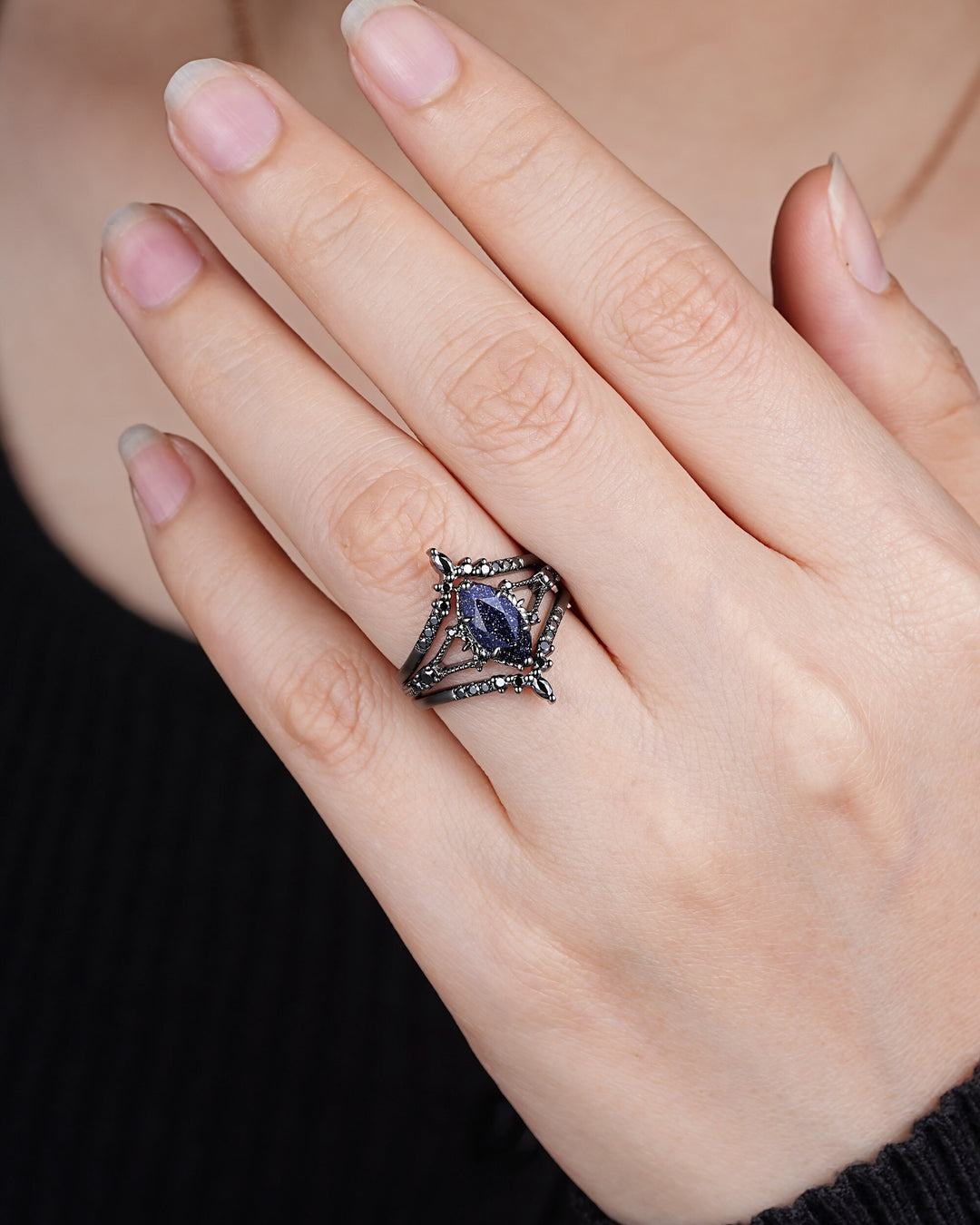 3PCS Black Gold Marquise Cut Blue Sandstone Engagement Ring, Gothic Punk Bridal Set, Black Rhodium Wedding Set, Black Promise Ring for Women - ShainJewelry
