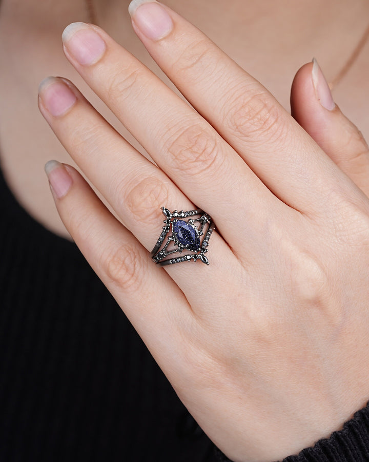 3PCS Black Gold Marquise Cut Blue Sandstone Engagement Ring, Gothic Punk Bridal Set, Black Rhodium Wedding Set, Black Promise Ring for Women - ShainJewelry