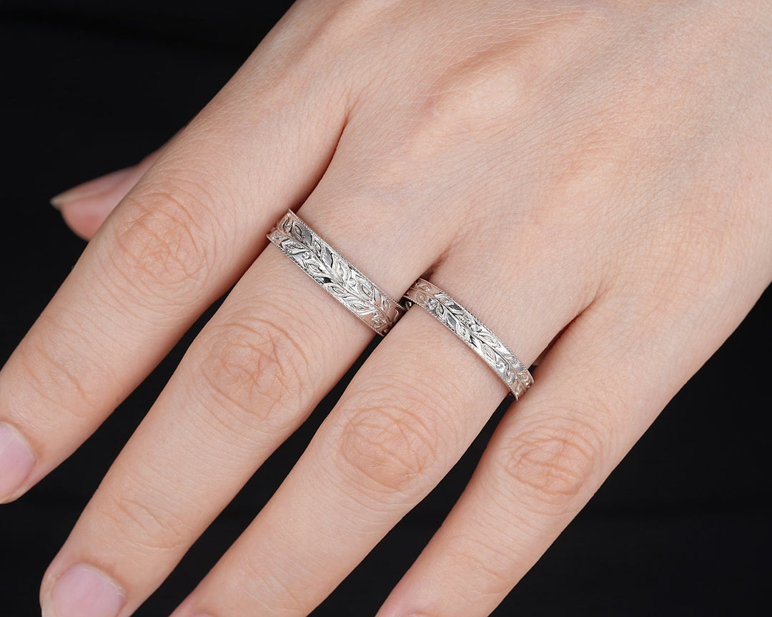 Full Eternity Leaf His and Hers Couple Ring Set, White Gold Wedding Band, Platinum Engagement Band Promise Ring , Silver Men's Women's Band - ShainJewelry