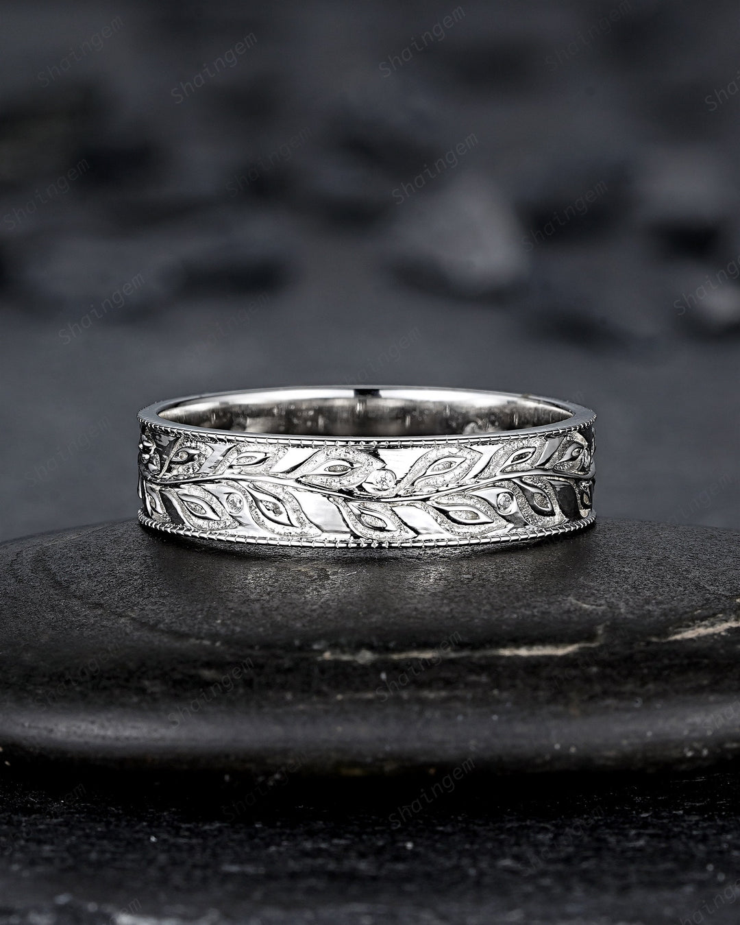 Full Eternity Leaf His and Hers Couple Ring Set, White Gold Wedding Band, Platinum Engagement Band Promise Ring , Silver Men's Women's Band - ShainJewelry