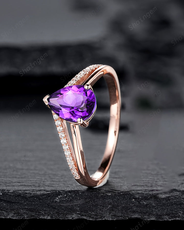 Split Shank Pear Shape Amethyst Engagement Ring, Cluster Rose Gold Wedding Ring, Promise Ring Gift for Women, February Birthstone Bridal Set - ShainJewelry