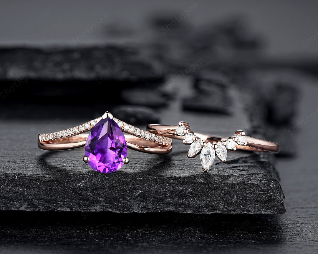 Split Shank Pear Shape Amethyst Engagement Ring, Cluster Rose Gold Wedding Ring, Promise Ring Gift for Women, February Birthstone Bridal Set - ShainJewelry