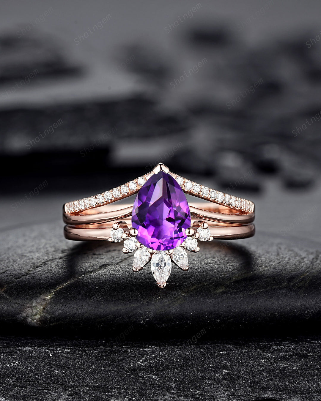 Split Shank Pear Shape Amethyst Engagement Ring, Cluster Rose Gold Wedding Ring, Promise Ring Gift for Women, February Birthstone Bridal Set - ShainJewelry