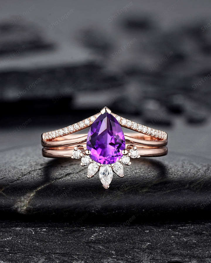 Split Shank Pear Shape Amethyst Engagement Ring, Cluster Rose Gold Wedding Ring, Promise Ring Gift for Women, February Birthstone Bridal Set - ShainJewelry