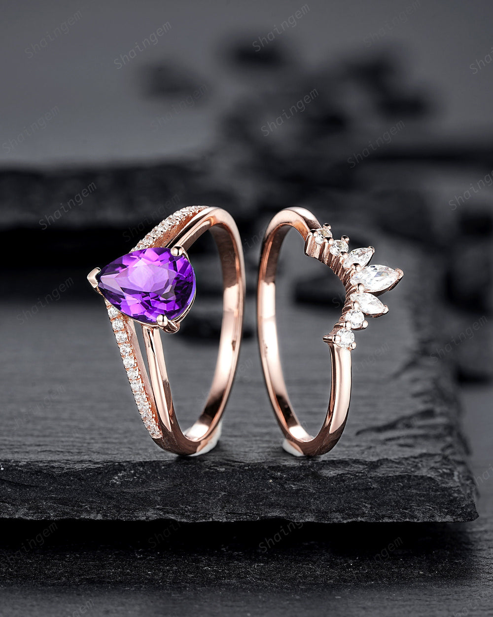 Split Shank Pear Shape Amethyst Engagement Ring, Cluster Rose Gold Wedding Ring, Promise Ring Gift for Women, February Birthstone Bridal Set - ShainJewelry