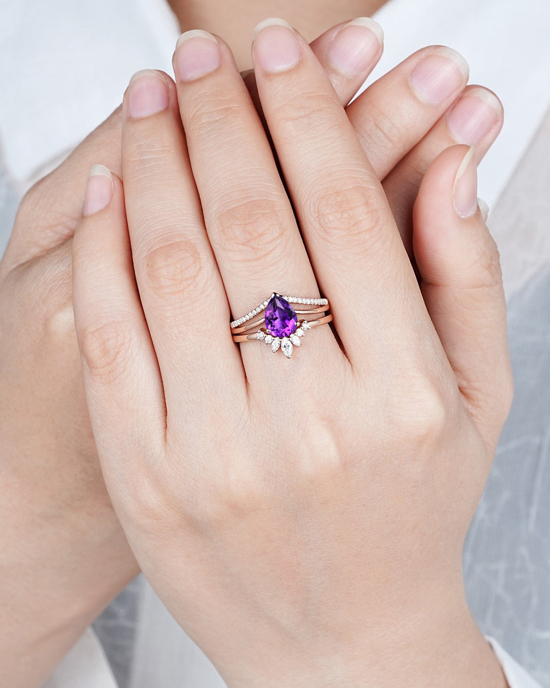 Split Shank Pear Shape Amethyst Engagement Ring, Cluster Rose Gold Wedding Ring, Promise Ring Gift for Women, February Birthstone Bridal Set - ShainJewelry