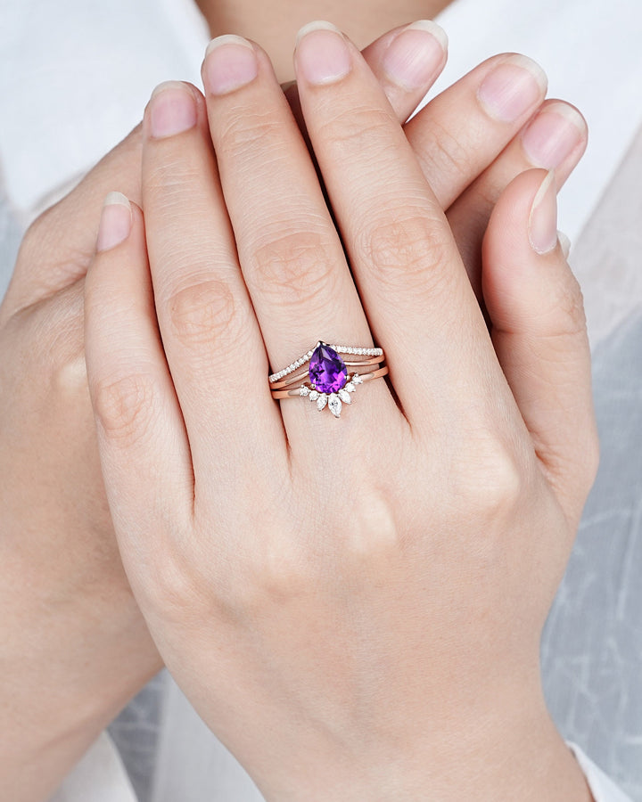Split Shank Pear Shape Amethyst Engagement Ring, Cluster Rose Gold Wedding Ring, Promise Ring Gift for Women, February Birthstone Bridal Set - ShainJewelry