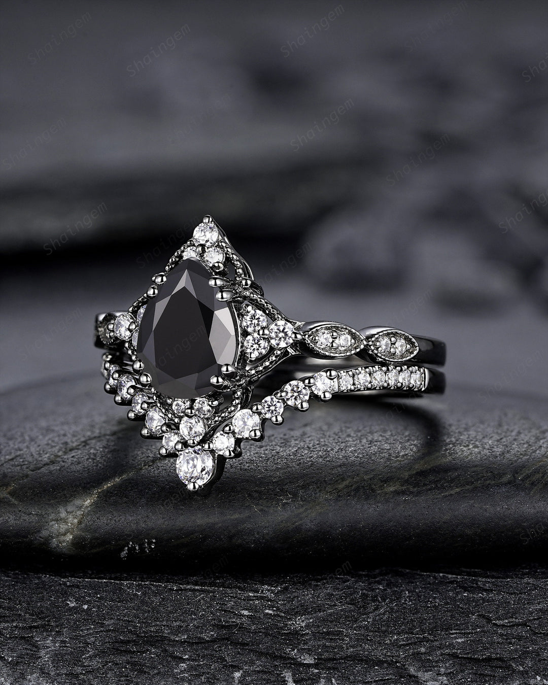 Unique Black Gold Pear Shape Black Moissanite Engagement Ring Set, Witchy Black Floral Promise Ring Gothic Black Wedding Ring Gift for Women - ShainJewelry