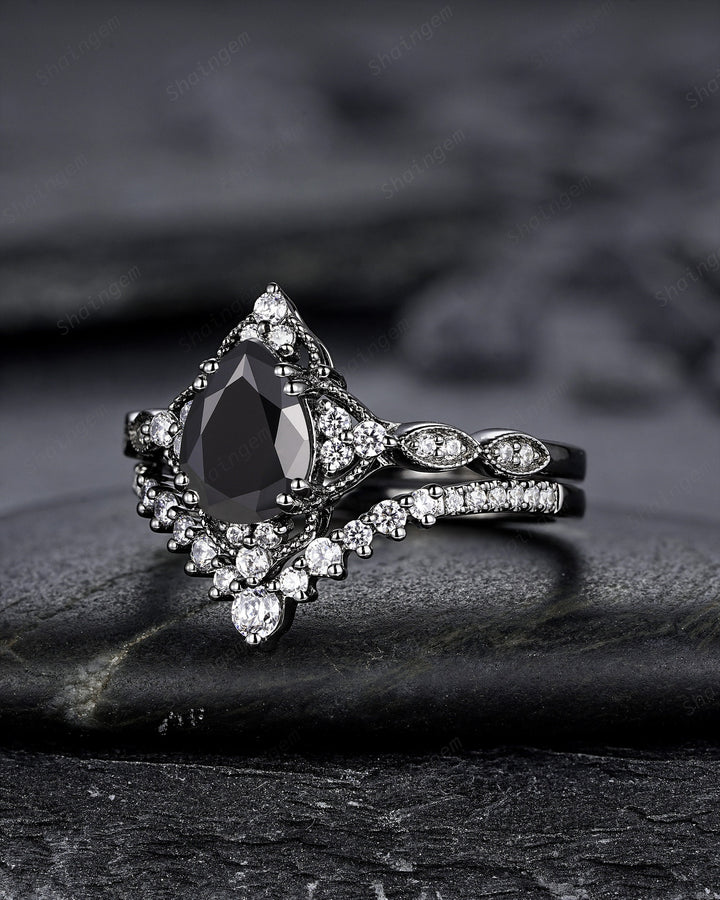Unique Black Gold Pear Shape Black Moissanite Engagement Ring Set, Witchy Black Floral Promise Ring Gothic Black Wedding Ring Gift for Women - ShainJewelry