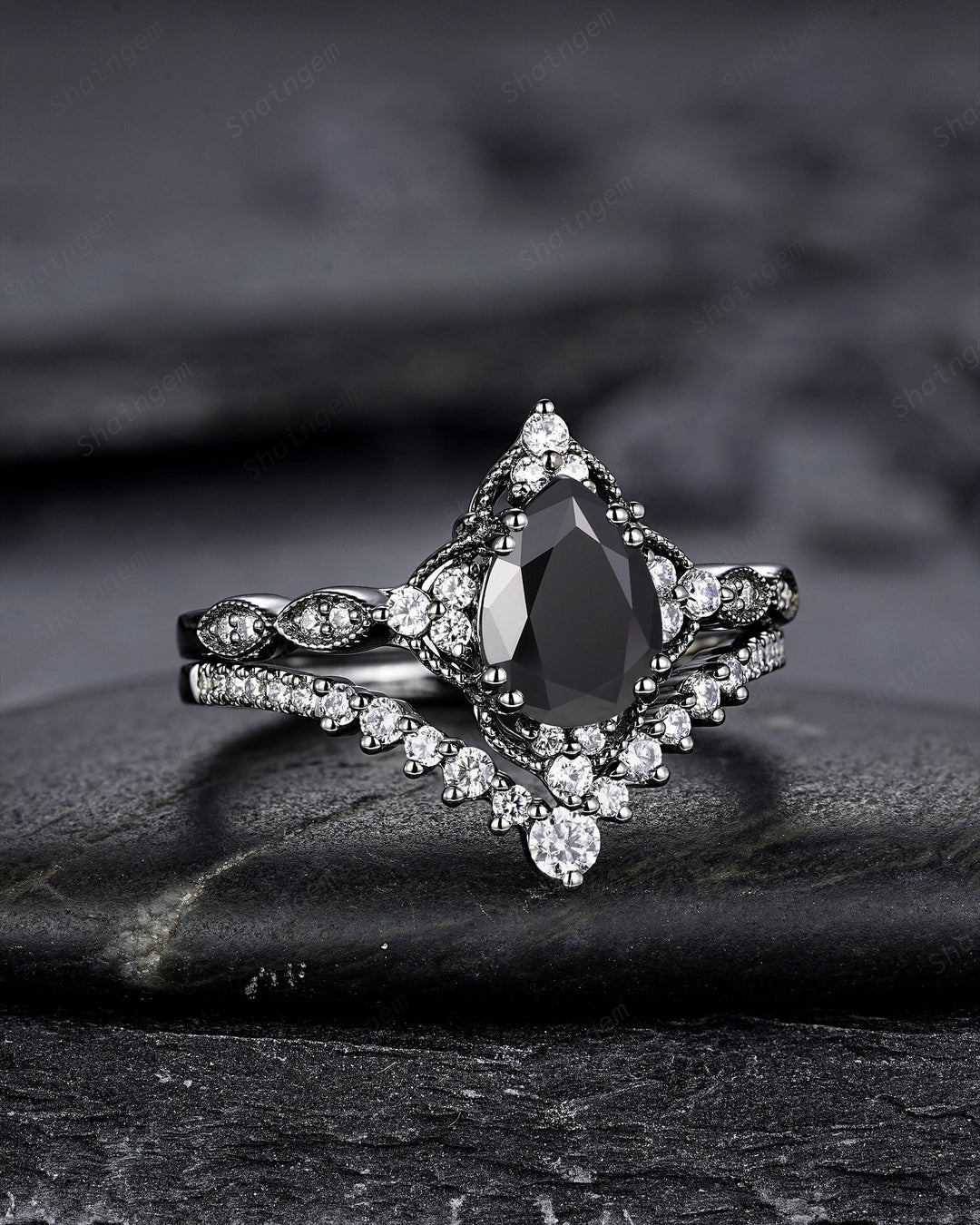 Unique Black Gold Pear Shape Black Moissanite Engagement Ring Set, Witchy Black Floral Promise Ring Gothic Black Wedding Ring Gift for Women - ShainJewelry