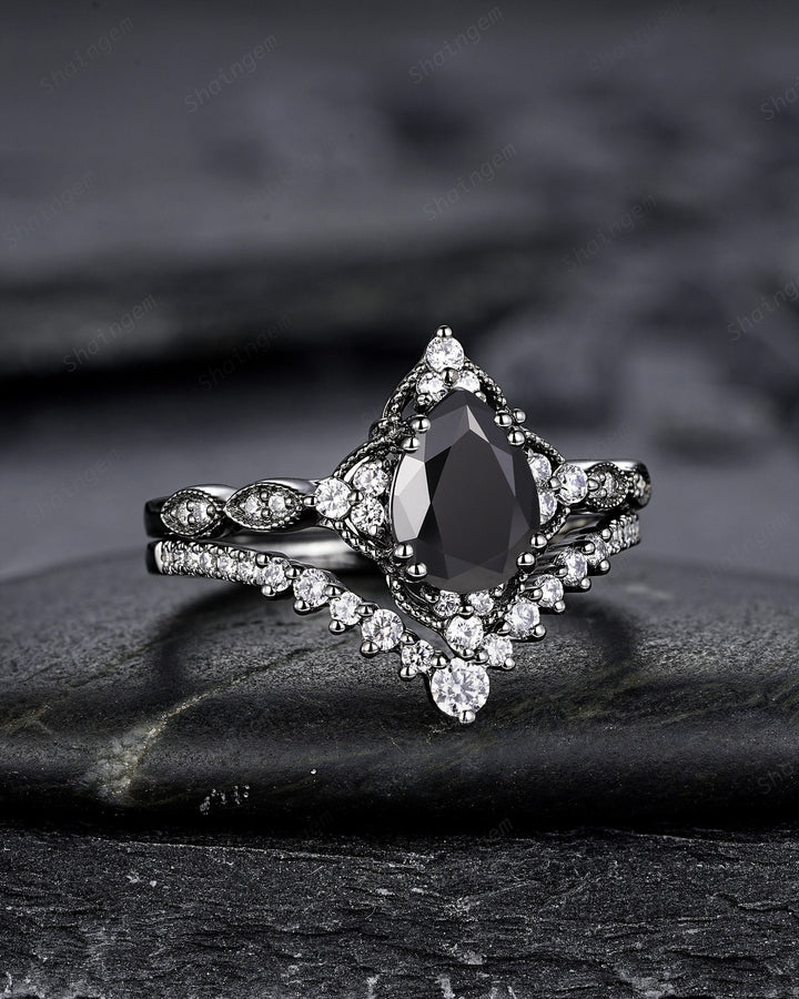 Unique Black Gold Pear Shape Black Moissanite Engagement Ring Set, Witchy Black Floral Promise Ring Gothic Black Wedding Ring Gift for Women - ShainJewelry