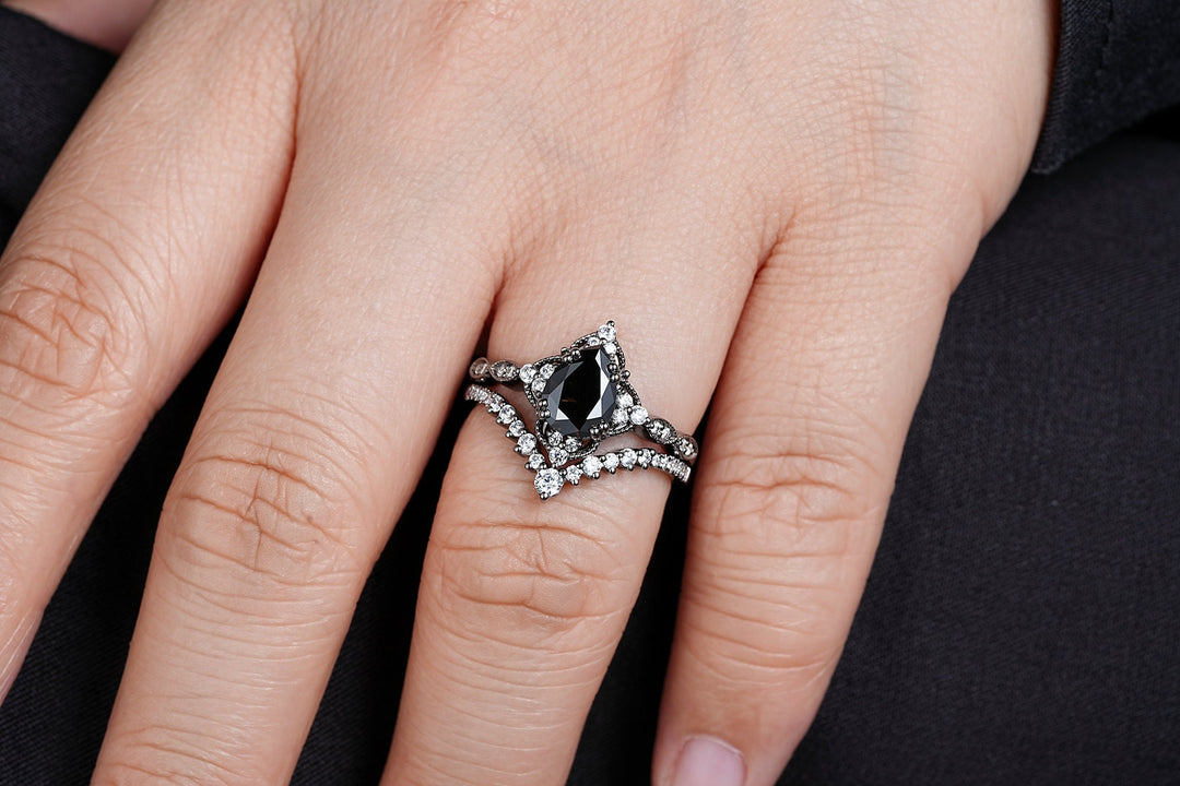 Unique Black Gold Pear Shape Black Moissanite Engagement Ring Set, Witchy Black Floral Promise Ring Gothic Black Wedding Ring Gift for Women - ShainJewelry