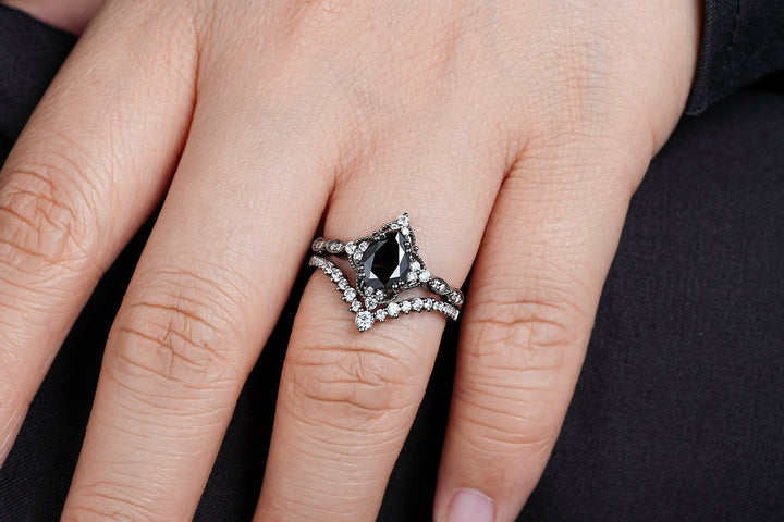 Unique Black Gold Pear Shape Black Moissanite Engagement Ring Set, Witchy Black Floral Promise Ring Gothic Black Wedding Ring Gift for Women - ShainJewelry