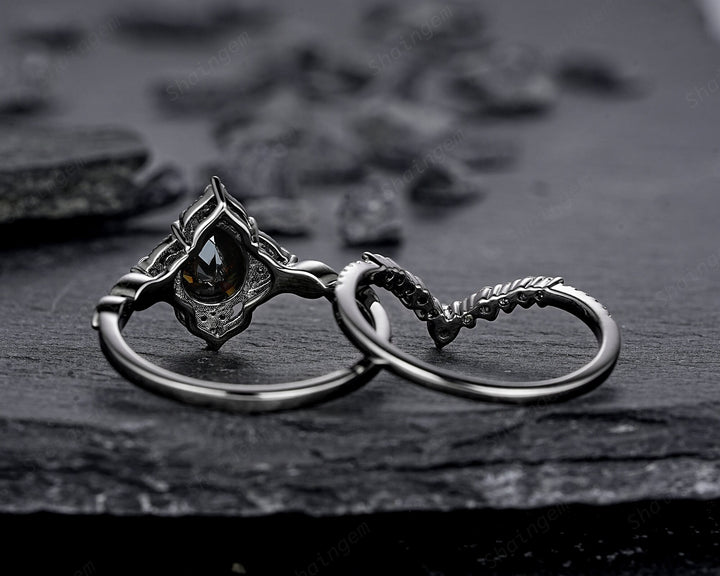 Unique Black Gold Pear Shape Black Moissanite Engagement Ring Set, Witchy Black Floral Promise Ring Gothic Black Wedding Ring Gift for Women - ShainJewelry
