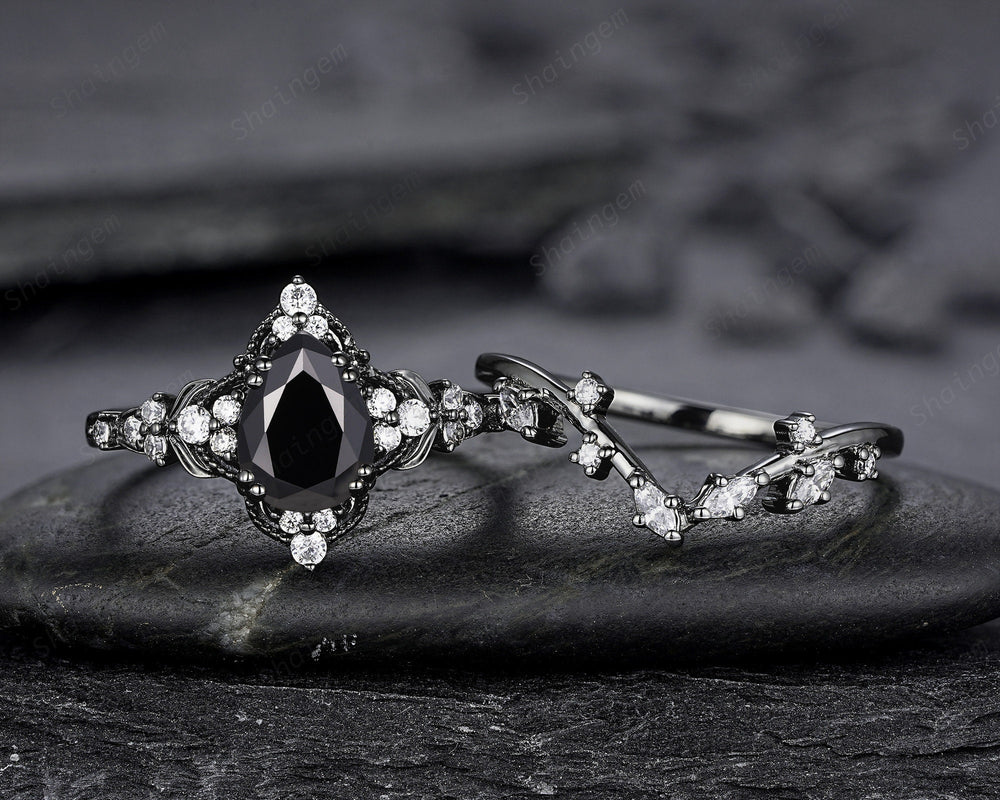 Unique Black Gold Pear Shape Black Moissanite Leaf Engagement Ring, Witchy Twig Branch Promise Ring Gothic Black Wedding Ring Gift for Women - ShainJewelry