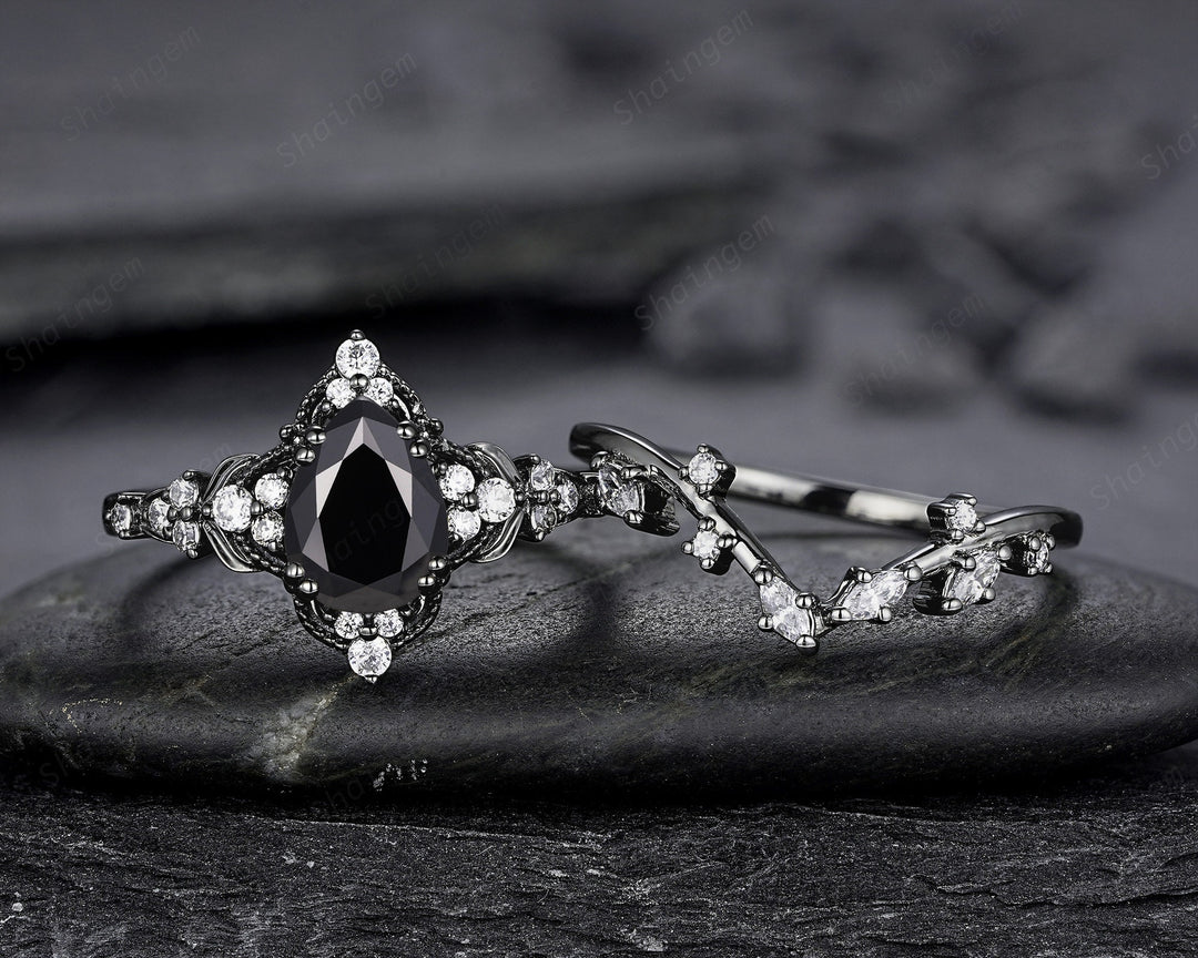 Unique Black Gold Pear Shape Black Moissanite Leaf Engagement Ring, Witchy Twig Branch Promise Ring Gothic Black Wedding Ring Gift for Women - ShainJewelry