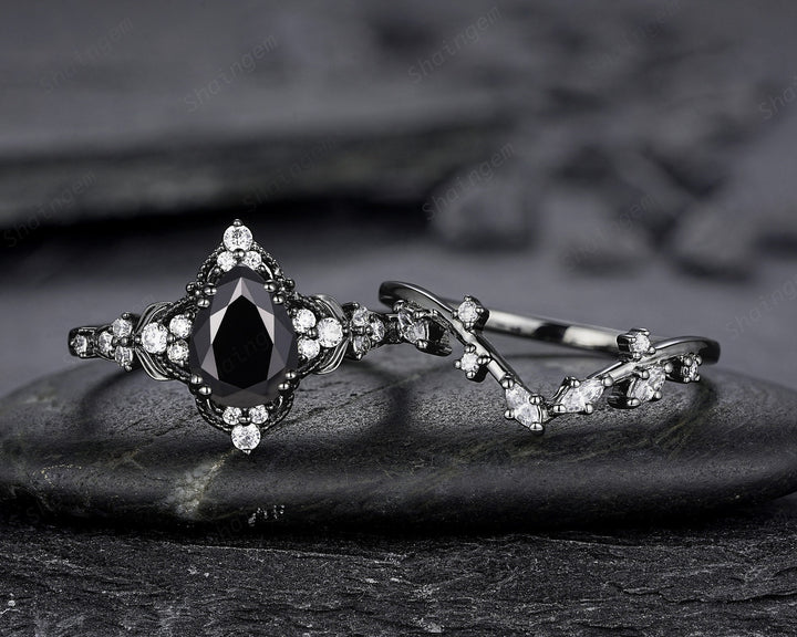 Unique Black Gold Pear Shape Black Moissanite Leaf Engagement Ring, Witchy Twig Branch Promise Ring Gothic Black Wedding Ring Gift for Women - ShainJewelry