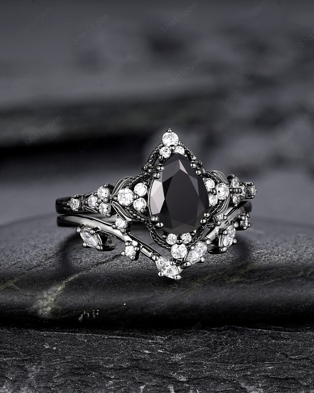 Unique Black Gold Pear Shape Black Moissanite Leaf Engagement Ring, Witchy Twig Branch Promise Ring Gothic Black Wedding Ring Gift for Women - ShainJewelry