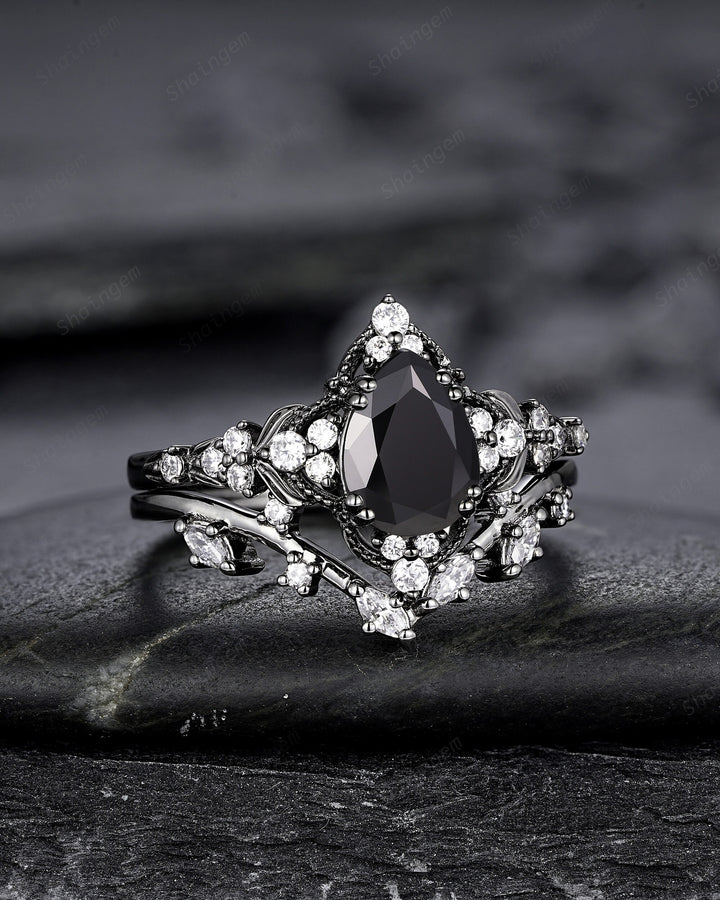 Unique Black Gold Pear Shape Black Moissanite Leaf Engagement Ring, Witchy Twig Branch Promise Ring Gothic Black Wedding Ring Gift for Women - ShainJewelry