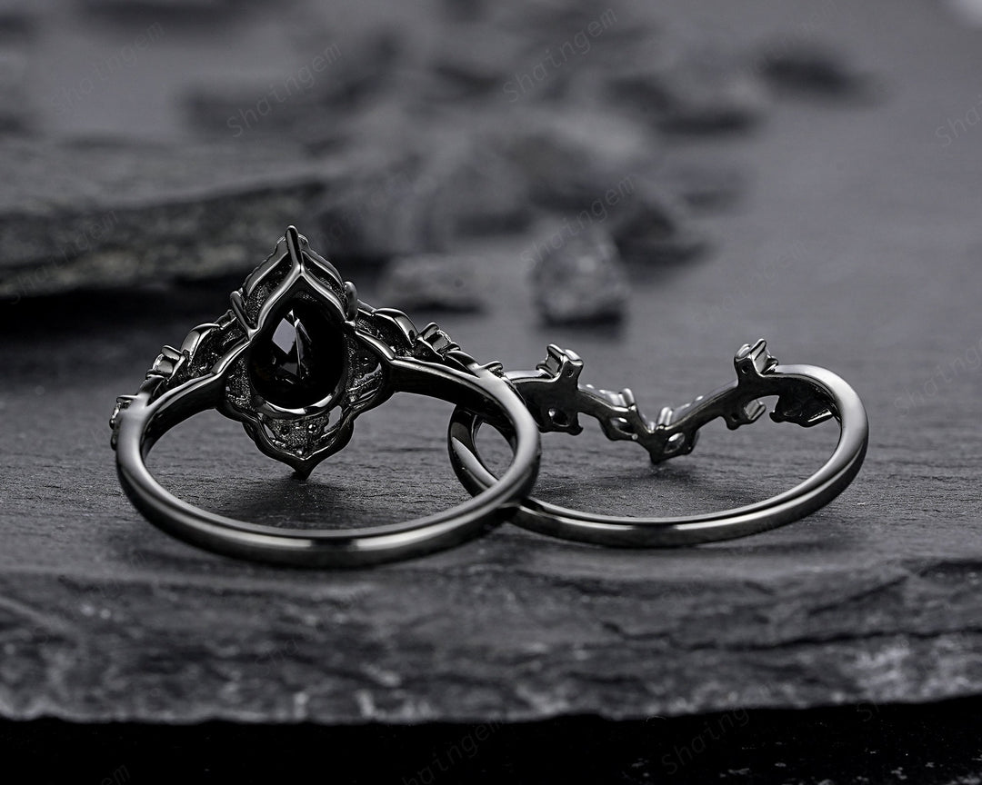 Unique Black Gold Pear Shape Black Moissanite Leaf Engagement Ring, Witchy Twig Branch Promise Ring Gothic Black Wedding Ring Gift for Women - ShainJewelry