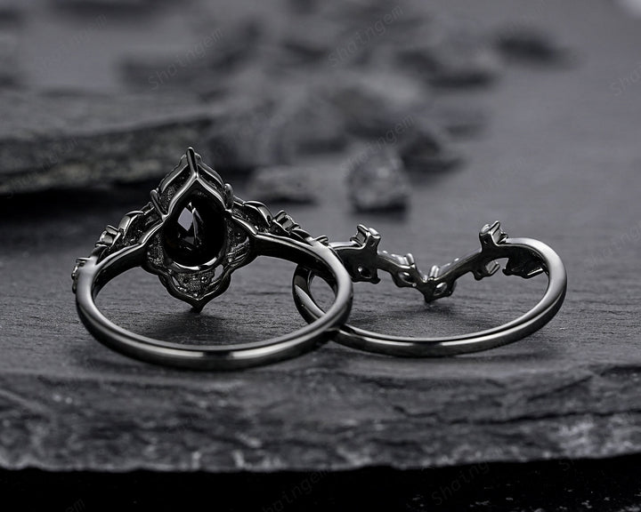 Unique Black Gold Pear Shape Black Moissanite Leaf Engagement Ring, Witchy Twig Branch Promise Ring Gothic Black Wedding Ring Gift for Women - ShainJewelry
