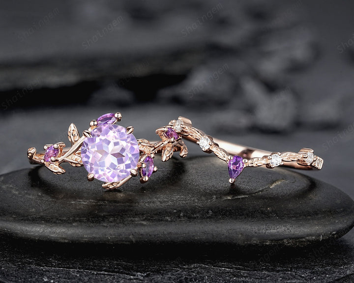 Nature Inspired Lavender Amethyst Leaf Engagement Ring, Round Amethyst Rose Gold Wedding Ring, Twig Branch Bridal Set Promise Ring for Women - ShainJewelry