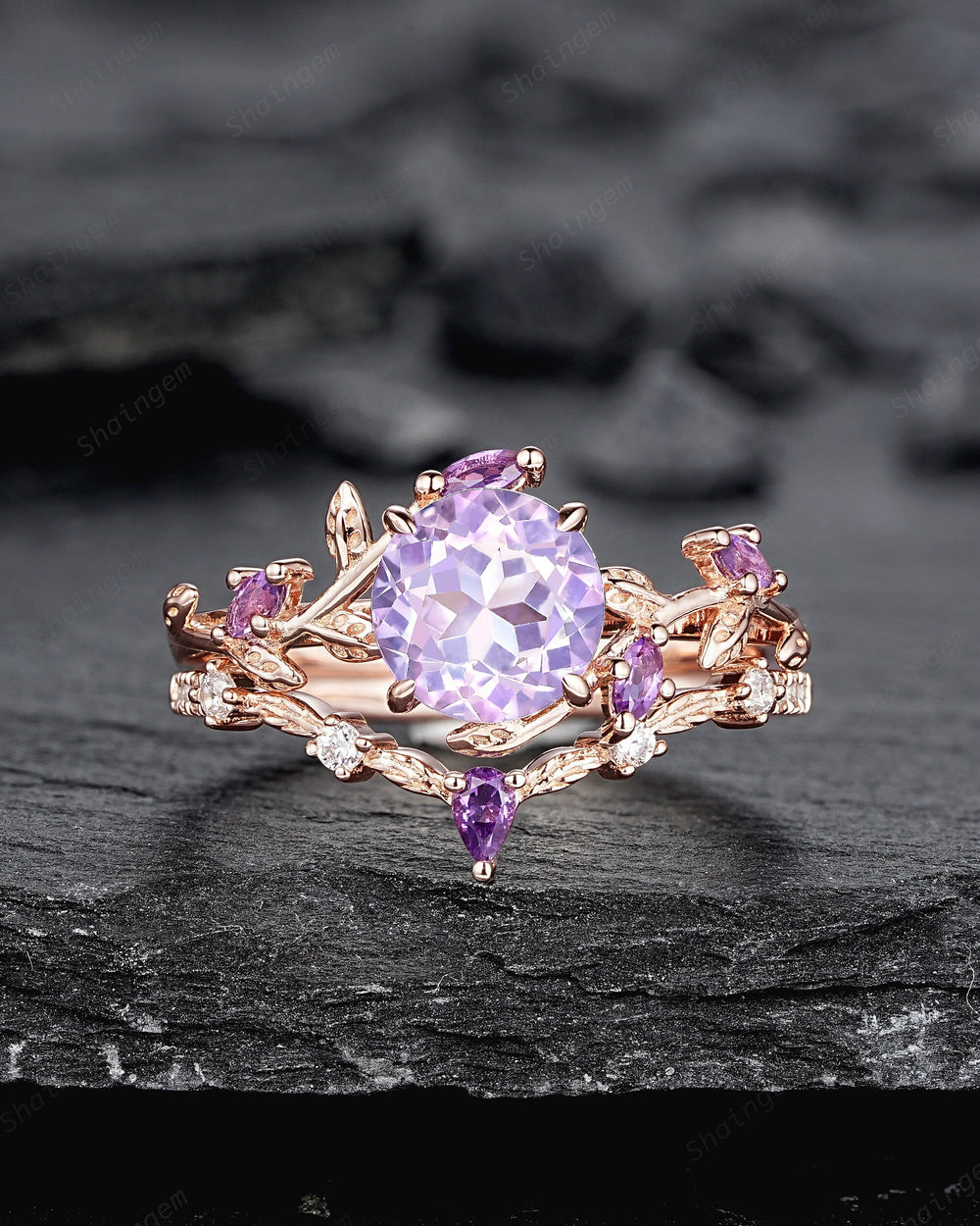 Nature Inspired Lavender Amethyst Leaf Engagement Ring, Round Amethyst Rose Gold Wedding Ring, Twig Branch Bridal Set Promise Ring for Women - ShainJewelry