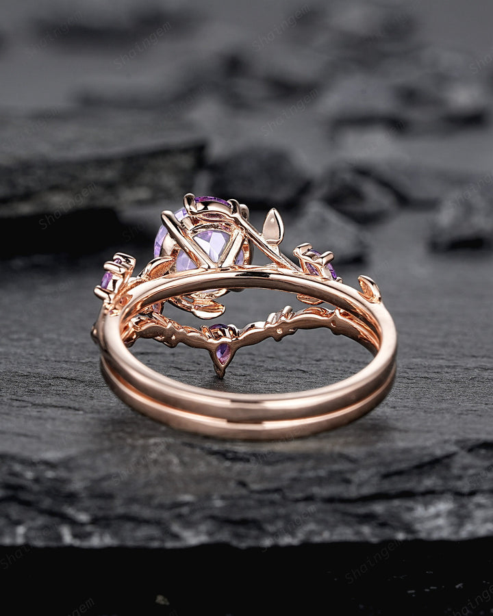 Nature Inspired Lavender Amethyst Leaf Engagement Ring, Round Amethyst Rose Gold Wedding Ring, Twig Branch Bridal Set Promise Ring for Women - ShainJewelry