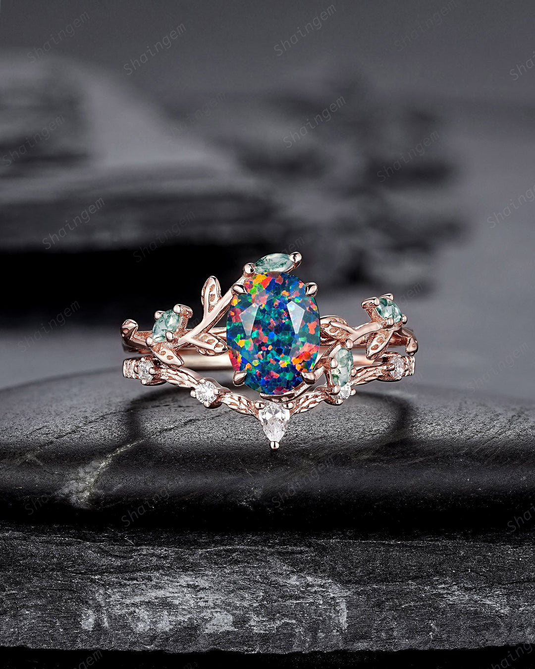 Nature Inspired Oval Cut Facet Black Opal Leaf Engagement Ring Set, Unique Rose Gold Twig Branch Wedding Ring, Moss Agate Vine Promise Ring - ShainJewelry