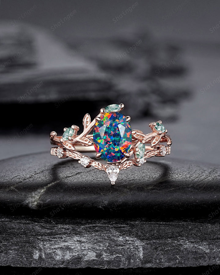 Nature Inspired Oval Cut Facet Black Opal Leaf Engagement Ring Set, Unique Rose Gold Twig Branch Wedding Ring, Moss Agate Vine Promise Ring - ShainJewelry