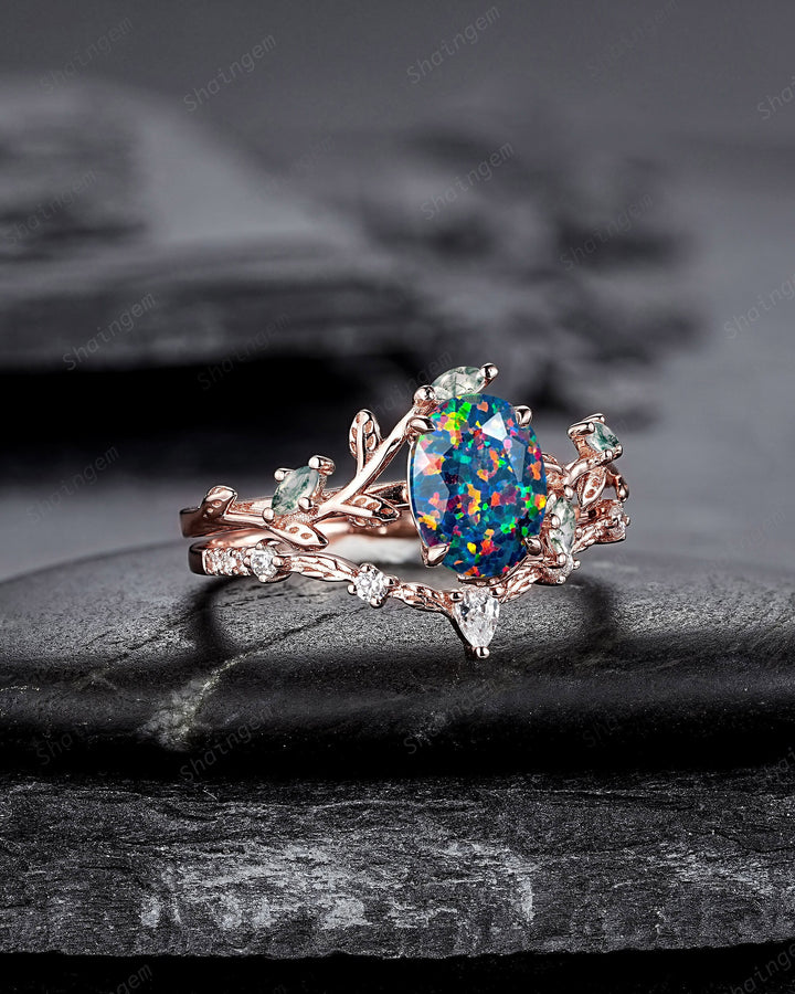 Nature Inspired Oval Cut Facet Black Opal Leaf Engagement Ring Set, Unique Rose Gold Twig Branch Wedding Ring, Moss Agate Vine Promise Ring - ShainJewelry