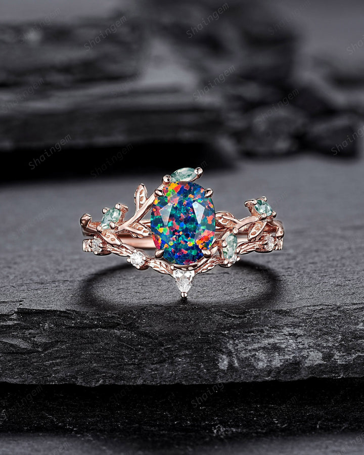 Nature Inspired Oval Cut Facet Black Opal Leaf Engagement Ring Set, Unique Rose Gold Twig Branch Wedding Ring, Moss Agate Vine Promise Ring - ShainJewelry