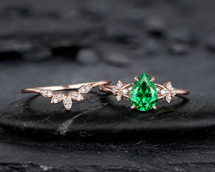 Pear Cut Green Garnet Floral Engagement Ring, Rose Gold Rhodolite Garnet Promise Ring, January Birthstone Cluster Anniversary Ring for Women - ShainJewelry