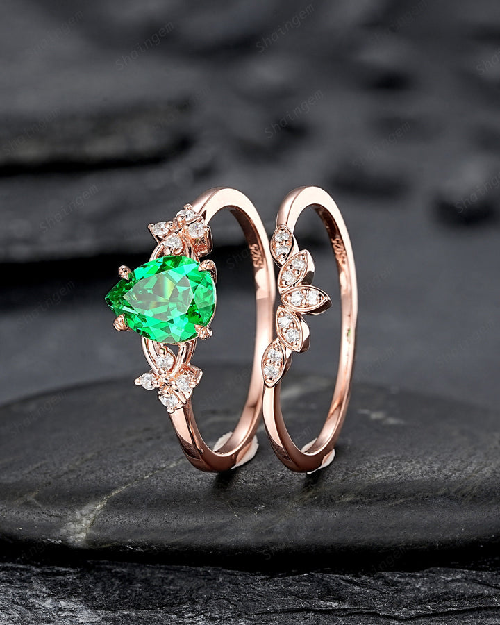 Pear Cut Green Garnet Floral Engagement Ring, Rose Gold Rhodolite Garnet Promise Ring, January Birthstone Cluster Anniversary Ring for Women - ShainJewelry