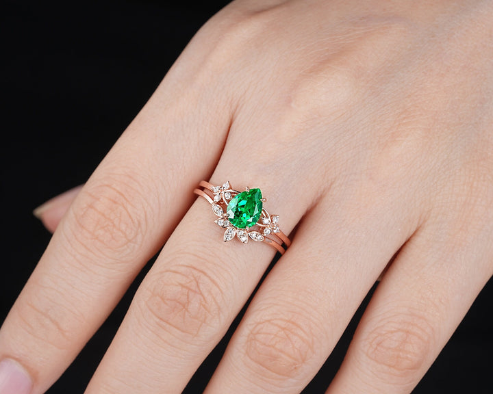 Pear Cut Green Garnet Floral Engagement Ring, Rose Gold Rhodolite Garnet Promise Ring, January Birthstone Cluster Anniversary Ring for Women - ShainJewelry