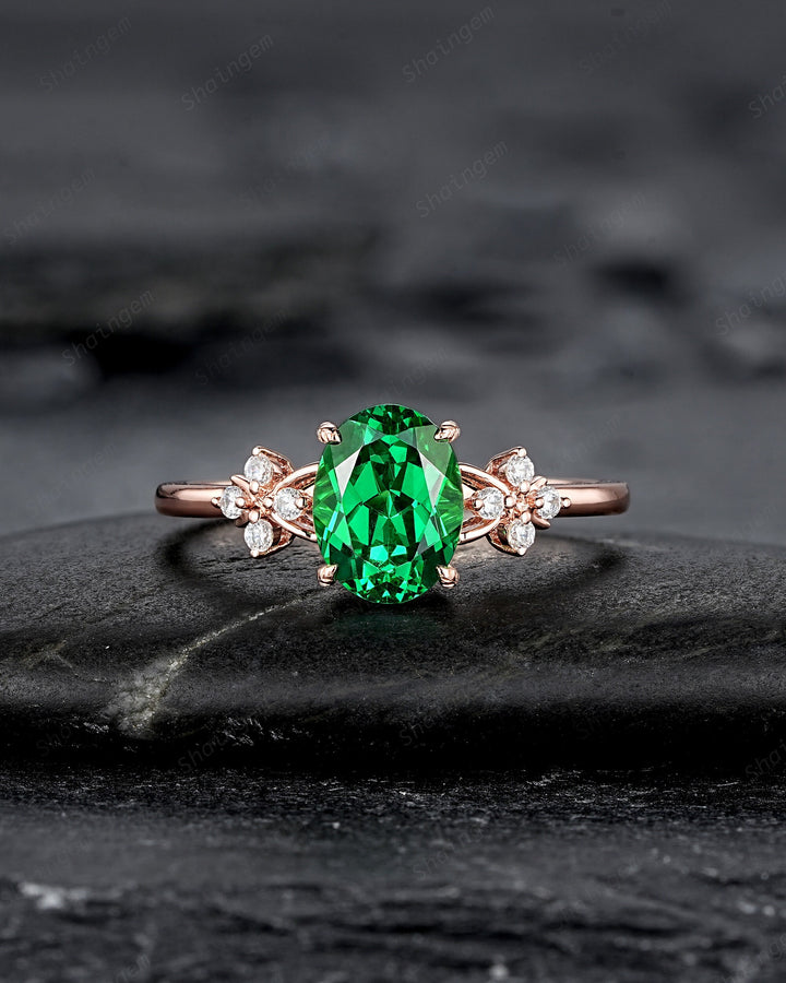 Oval Cut Green Garnet Floral Engagement Ring, Rose Gold Rhodolite Garnet Promise Ring, January Birthstone Cluster Anniversary Ring for Women - ShainJewelry